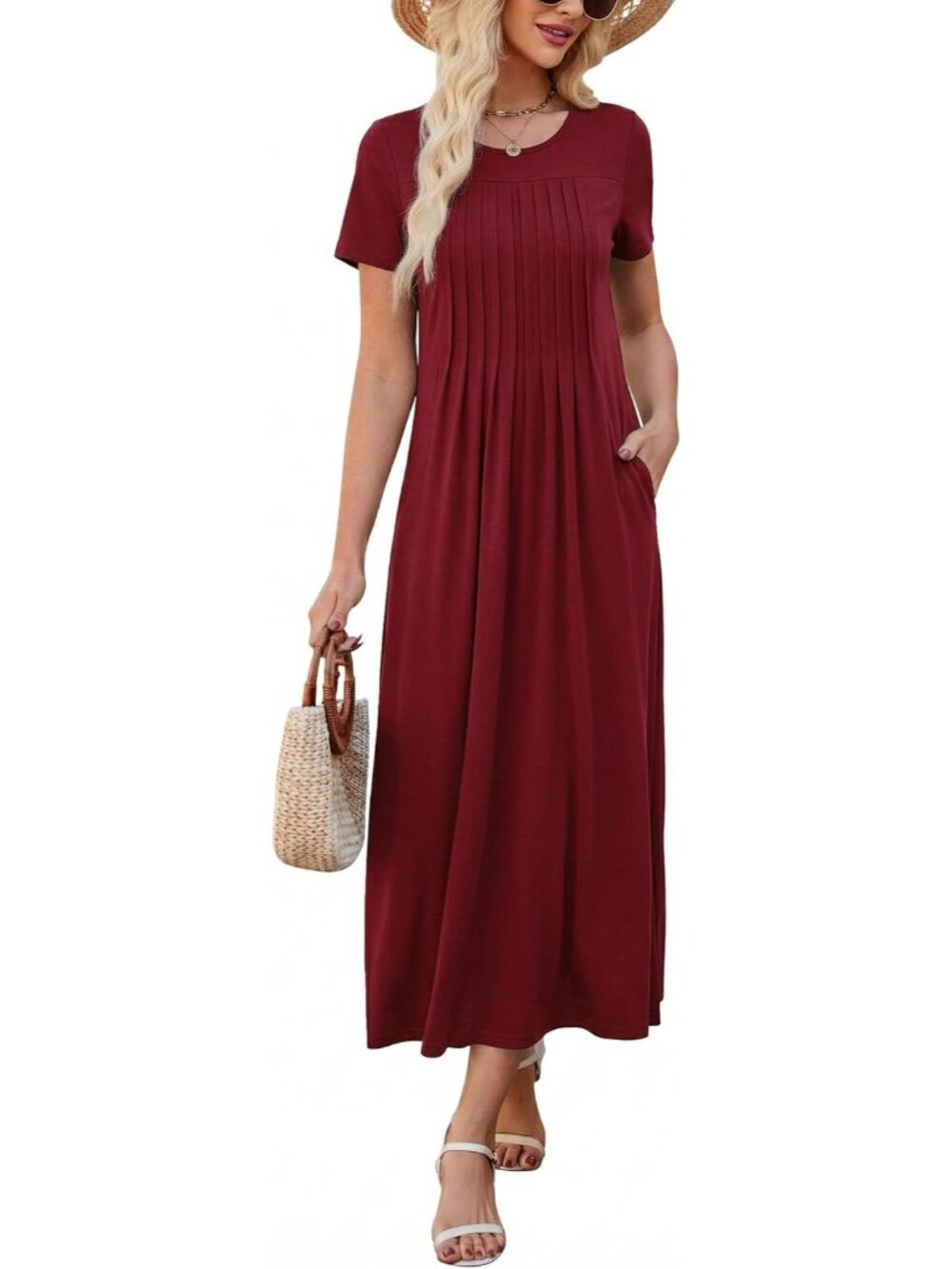 Women's Wine Summer Casual Short Sleeve Crewneck Pleated Flowy Beach Maxi Dress